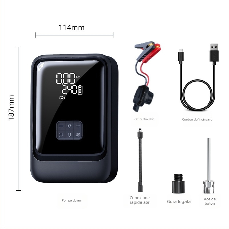 Pompă de aer pentru mașină cu pornire de urgență 1000A, 20V, 120W, Type-C, 35 L/min