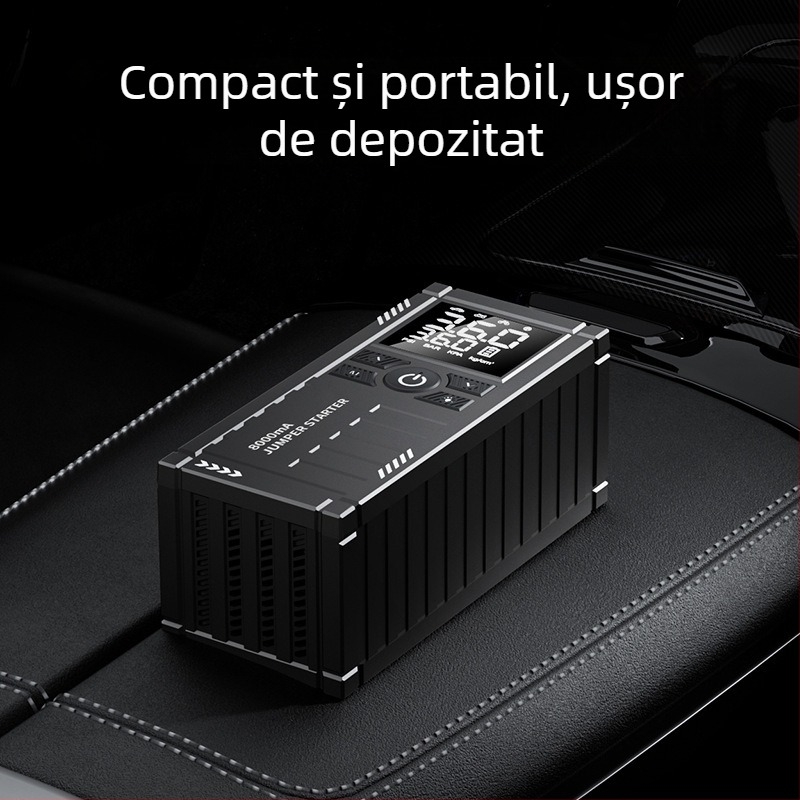 Pompa de aer portabilă pentru mașină cu bancă de energie de urgență, All-in-One, fără fir, 12V, 80W, 25 L/min, afișaj digital, 600 g
