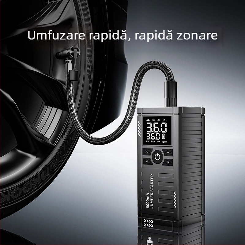 Pompa de aer portabilă pentru mașină cu bancă de energie de urgență, All-in-One, fără fir, 12V, 80W, 25 L/min, afișaj digital, 600 g
