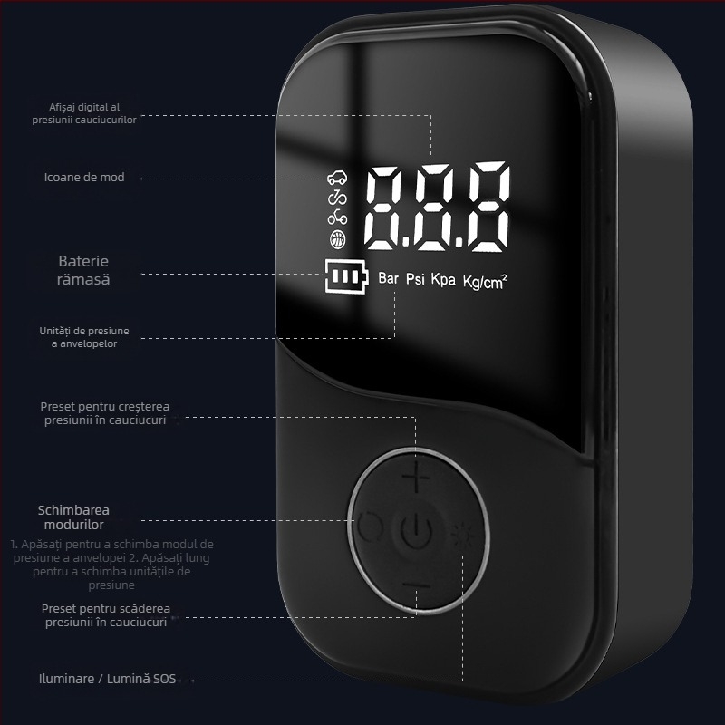 Pompa de aer wireless pentru mașină – pompa portabilă inteligentă, electrică pentru anvelope, 100 W, 110 V, reîncărcabilă, display digital, 25 L/min