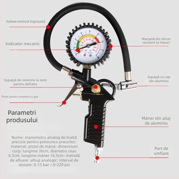 Pistol pentru presiunea pneurilor cu afișaj digital, interval 220 psi, unități bar/psi, corp din aliaj de aluminiu, model 002