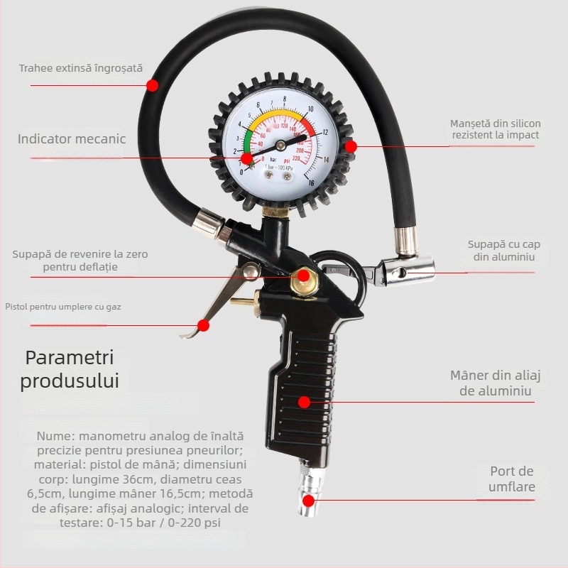 Pistol pentru presiunea pneurilor cu afișaj digital, interval 220 psi, unități bar/psi, corp din aliaj de aluminiu, model 002