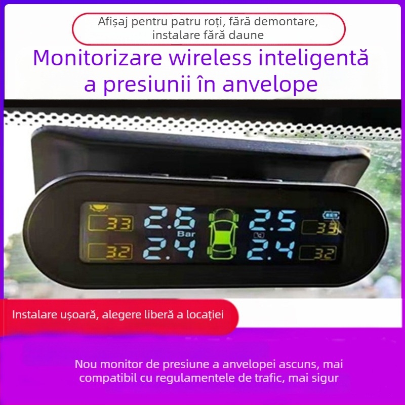 Sistem de monitorizare a presiuniei în pneuri (TPMS) — afișaj digital, alimentare wireless solară, pentru mașini și SUV, interval 0-5 bar, precizie înaltă, model T11