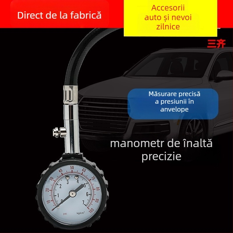 Manometru pentru presiunea pneurilor cu furtun lung – Măsurător mecanic de înaltă precizie pentru automobil, cu funcție de eliberare a aerului și busolă, portabil, 0–100 psi