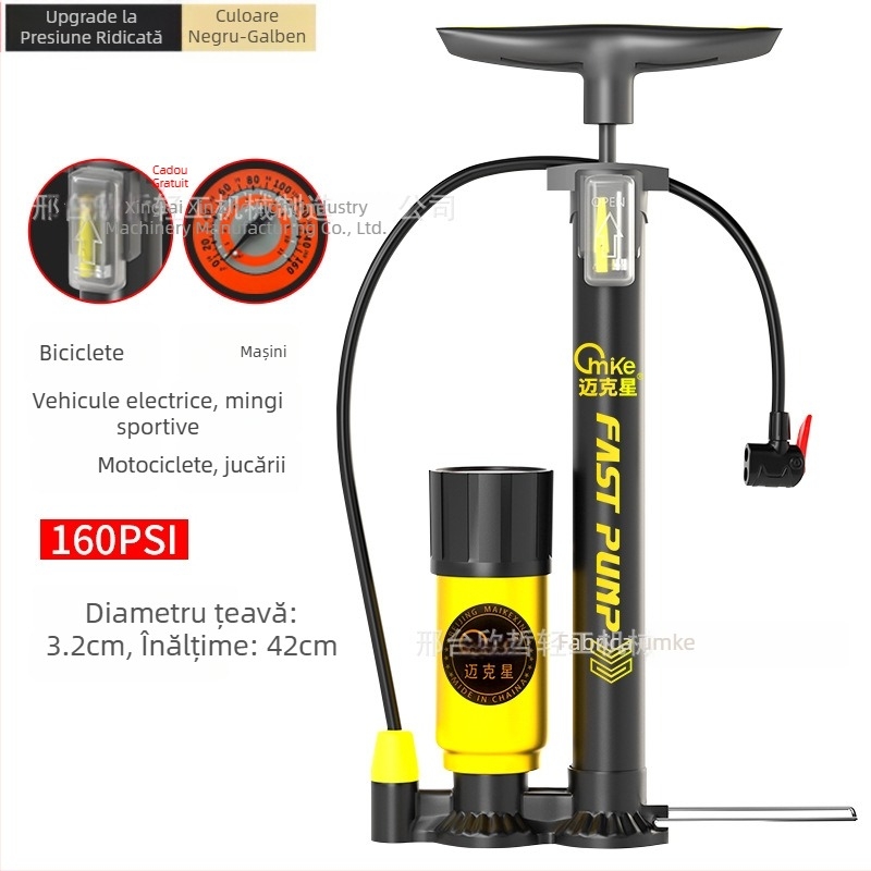 Pompa manuală de înaltă presiune cu manometru, model A902, corp din fier, 160 psi, include ac pentru mingi