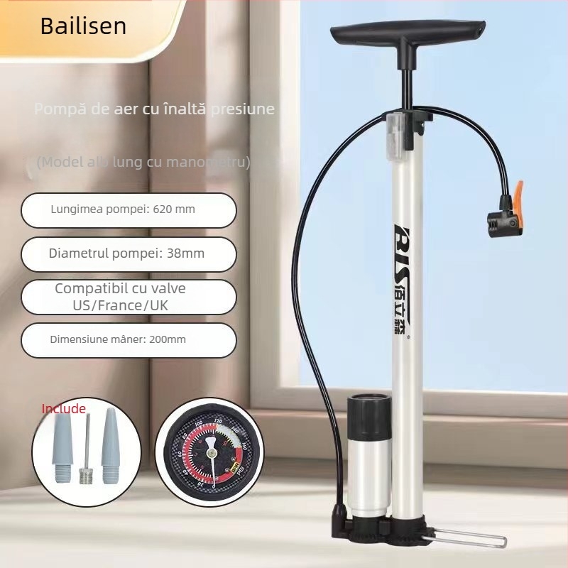 Pompa de aer manuală, înaltă presiune, pentru biciclete, vehicule și mingi — model MN-8668, corp din fier, 160 psi