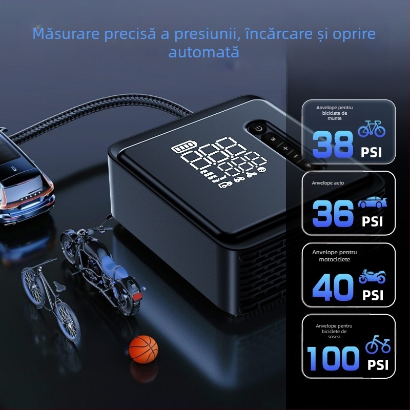 Pompa de aer pentru mașină cu un cilindru — portabilă, electrică, fără fir, cu afișaj digital, 120W, 35 L/min, 650 g