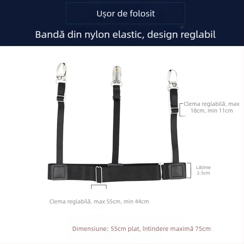 Clipuri pentru cămașă – set cu 3 cleme metalice reglabile și inel elastic pentru picior (unisex)