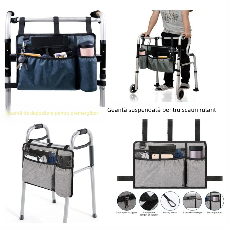 Geantă pentru mers cu multe buzunare din material Oxford; geantă de depozitare cu agățare laterală pentru sprijin de mers și scaun cu rotile