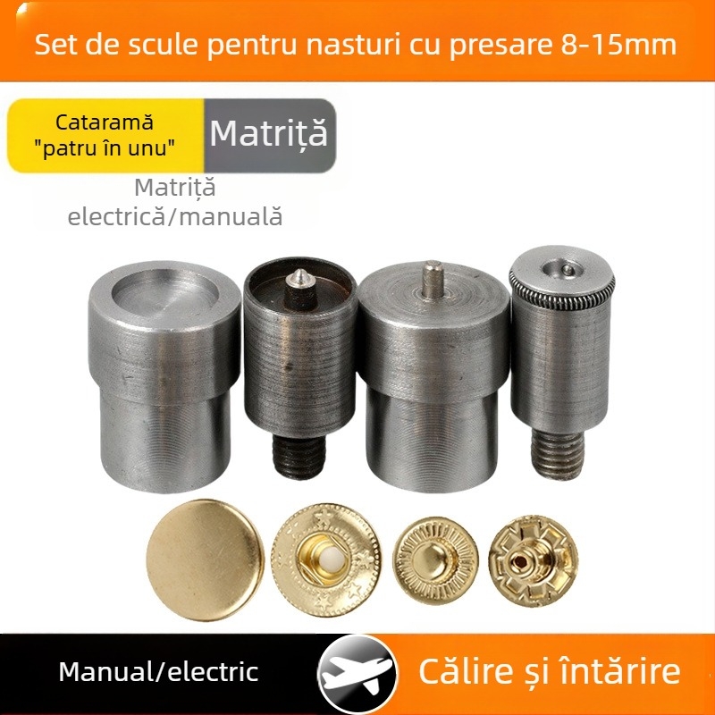 Set de 4 piese: matrițe metalice pentru nasturi snap și unealtă de montaj electric