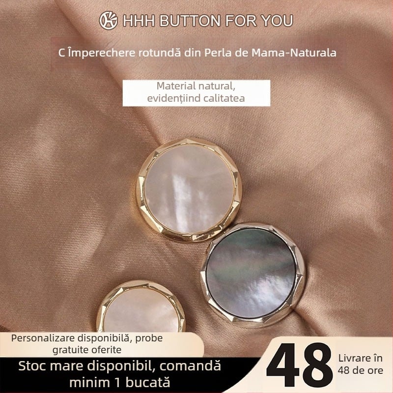 Năsturi metalici cu perlă naturală pentru îmbrăcăminte (Material: aliaj cu perlă naturală; Construcție: nasture metalic cusut manual; Utilizare: jachete, paltoane, costume, cămăși, rochii)