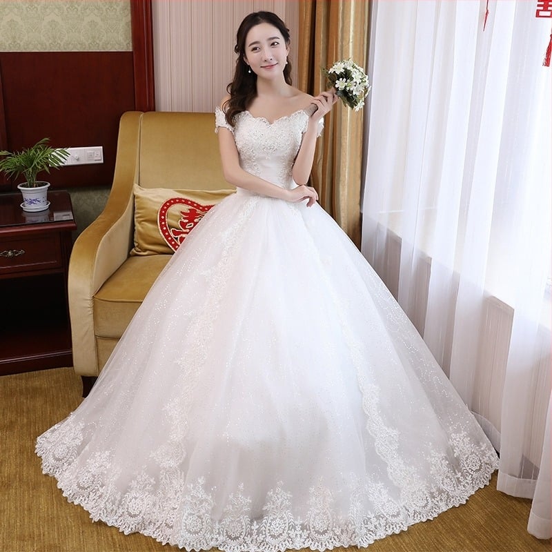 Rochie de mireasă cu un umăr, fără mâneci, lungă până la podea, talie la nivel mediu, siluetă prințesă