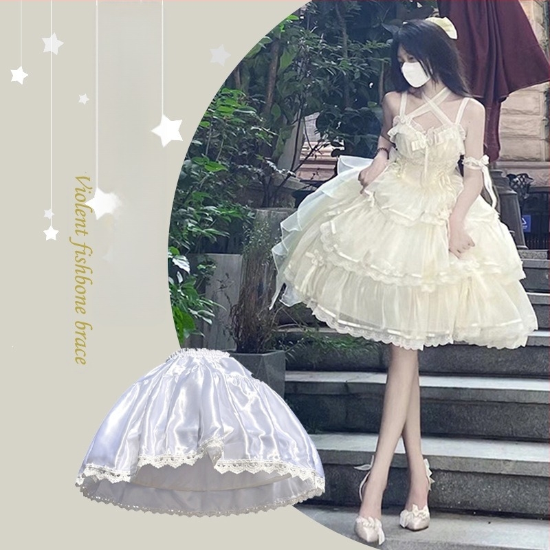 Lolita fustă cu os de pește și bustle, căptușeală internă reglabilă pentru cosplay, fustă tutu (Stil Bustle: inele din oțel duble; Material: mătase bogată; Grupă de vârstă: Adulți; An/sezon: Primăvara 2023)