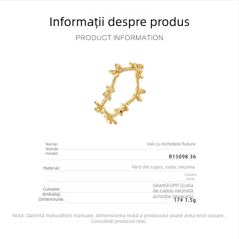 Inel cu formă de fluture, stil lux ușor, linii răsucite, placat cu aur 14K pe cupru, inel închis pentru femei