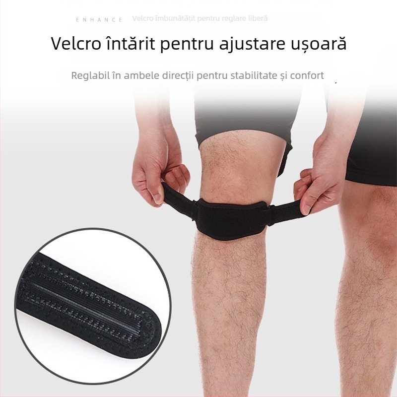Genunchi cu bandă patelară – Protecție sportivă pentru alergare, ciclism, drumeții și baschet; materiale: fibre de poliester, nylon