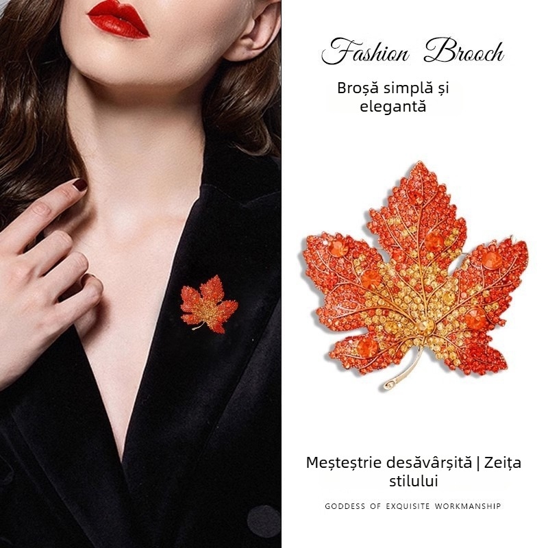 Broșă în formă de frunză, stil coreean, cu diamante (Material: aliaj; Procesare: electroplacare; Stil: stil coreean; Caracteristică: cu diamante)