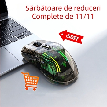 Mouse gaming wireless transparent cu dual mode (2.4G + Bluetooth), 4000 DPI, 7 butoane, reîncărcabil