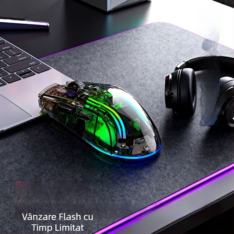 Mouse gaming wireless transparent cu dual mode (2.4G + Bluetooth), 4000 DPI, 7 butoane, reîncărcabil