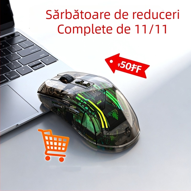 Mouse gaming wireless transparent cu dual mode (2.4G + Bluetooth), 4000 DPI, 7 butoane, reîncărcabil