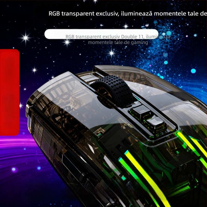 Mouse gaming wireless transparent cu dual mode (2.4G + Bluetooth), 4000 DPI, 7 butoane, reîncărcabil