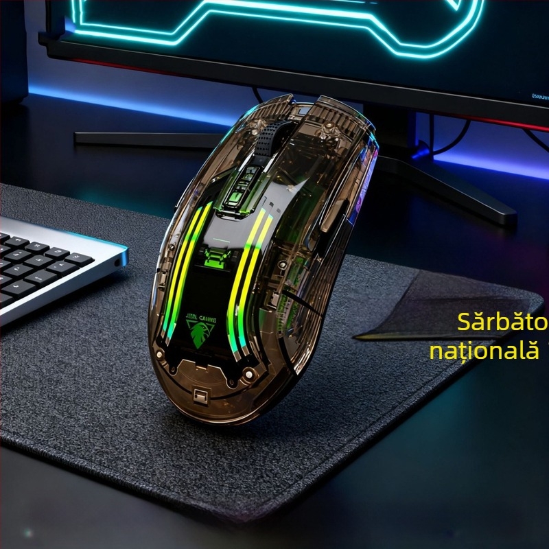 Mouse gaming wireless transparent cu dual mode (2.4G + Bluetooth), 4000 DPI, 7 butoane, reîncărcabil