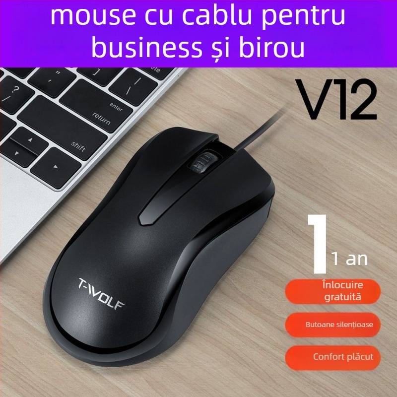 Mouse cu fir V12 — interfață USB, 1200dpi, 3 butoane, compatibil cu desktop