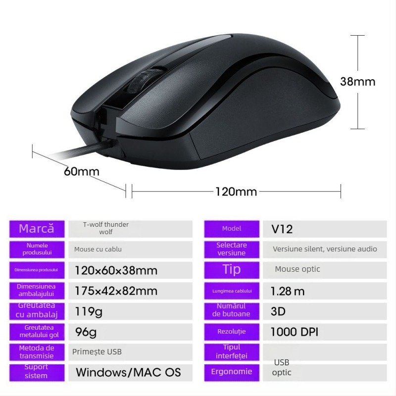 Mouse cu fir V12 — interfață USB, 1200dpi, 3 butoane, compatibil cu desktop