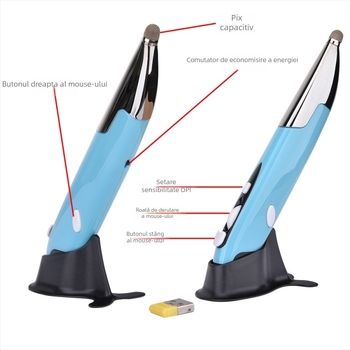 Mouse stilou wireless tip aer cu funcție de prezentare a scrisului, 1600 DPI, 2.4G USB, ergonomic pentru laptop