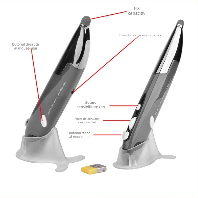 Mouse stilou wireless tip aer cu funcție de prezentare a scrisului, 1600 DPI, 2.4G USB, ergonomic pentru laptop