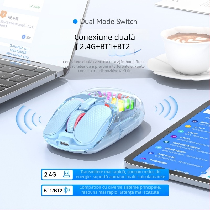 Mouse optic cu modul dual Bluetooth și 2,4 GHz, iluminare RGB, design ergonomic, 1600 DPI, reîncărcabil prin USB-C