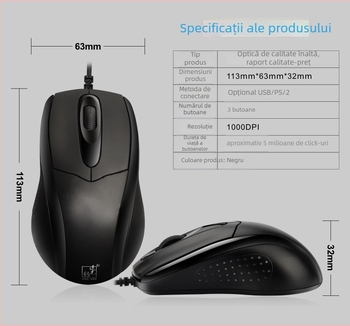 Mouse USB, 2000 DPI, 3 butoane, cablu 1,2 m, ergonomic