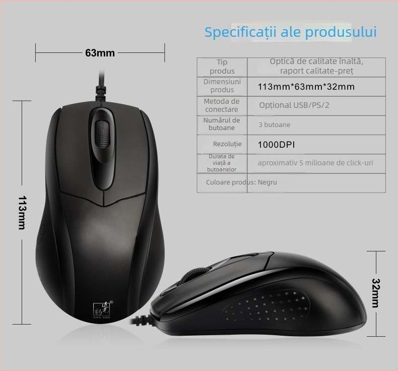 Mouse USB, 2000 DPI, 3 butoane, cablu 1,2 m, ergonomic