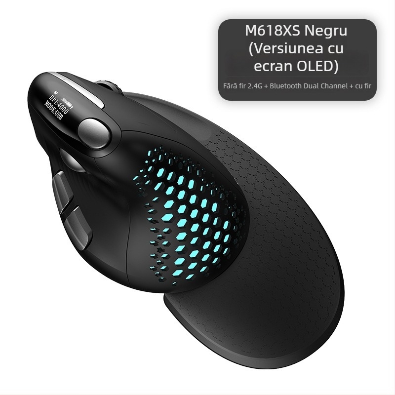 Mouse optic vertical, design ergonomic, conexiune în trei moduri (cablat + Bluetooth + 2,4 GHz), 4000 DPI, USB, 6 butoane, model M618XS