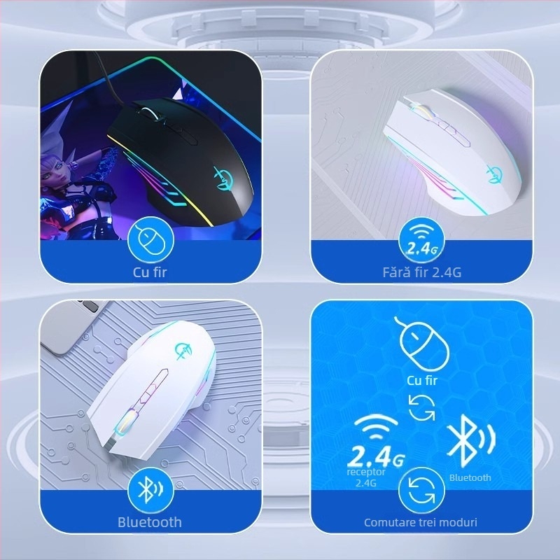 Mouse de gaming și birou cu macroprogramare în trei moduri, rotiță metalică mecanică, 12000 DPI, 7 butoane, cablu 1.5 m