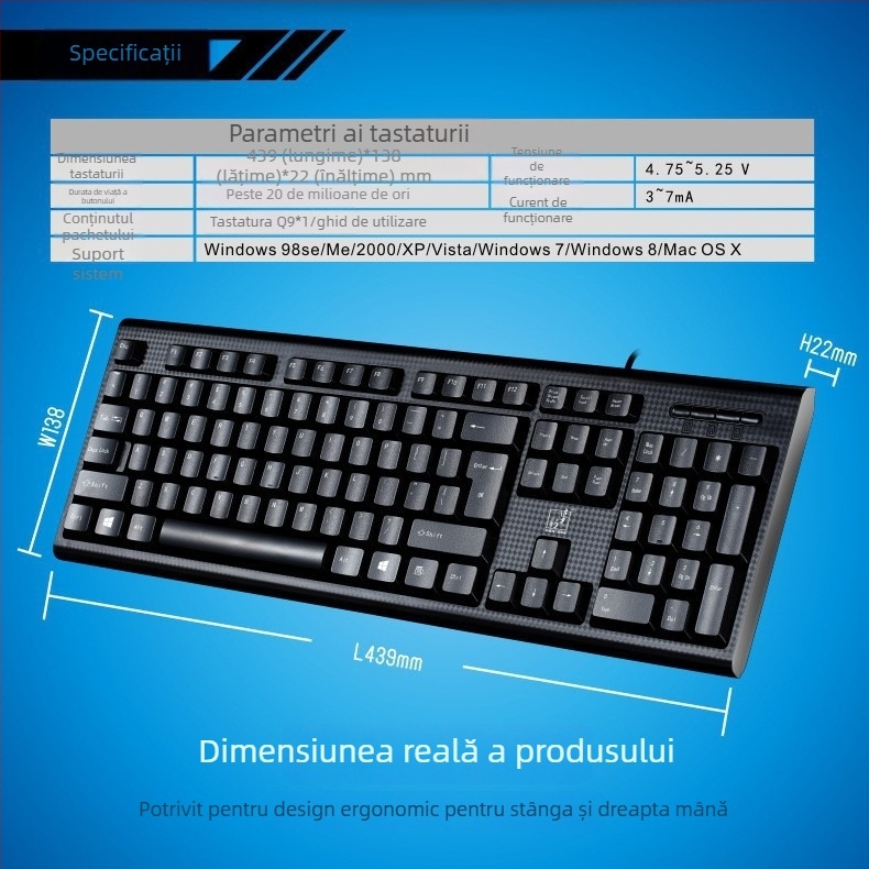 Tastatură cu fir, 104 taste, arhitectură Palace Pillar, corp din plastic, rezistentă la apă, compatibilitate generală