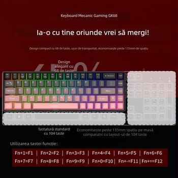 Tastatură mecanică de gaming cu 68 taste, cablu USB, switch roșu, impermeabil