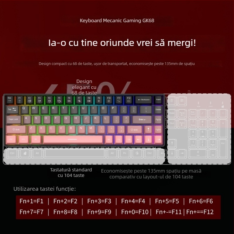 Tastatură mecanică de gaming cu 68 taste, cablu USB, switch roșu, impermeabil