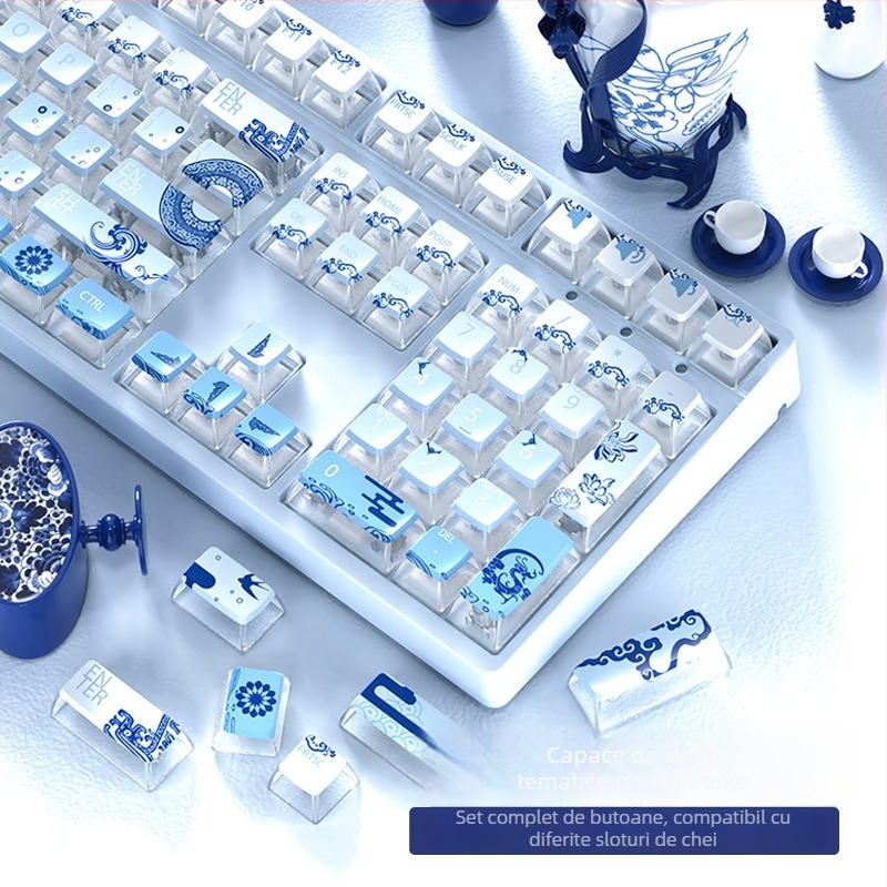 Set personalizat de capace pentru taste PBT sublimare pentru tastatură mecanică – temă transparentă inspirată din porțelan – compatibil cu layout-uri 61/87/108
