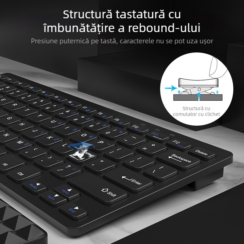 Set tastatură și mouse wireless, 78 taste, funcționare silențioasă, carcasa ABS, conectare la un singur dispozitiv, alimentare cu baterie