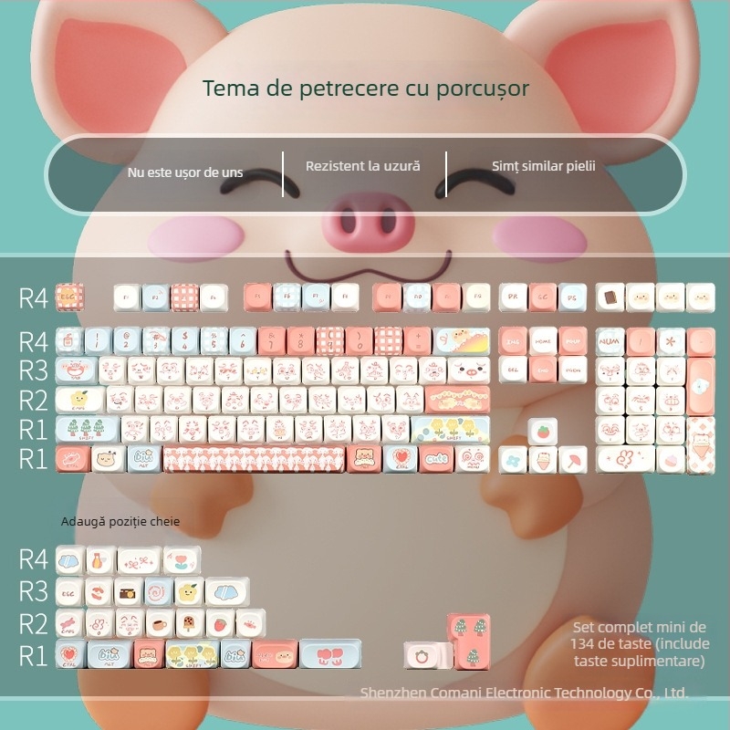Keycaps pentru tastaturi mecanice – profil redus, temă Pigman Party, material PBT, imprimare Dye-Sublimation pe cinci fețe, compatibilitate universală