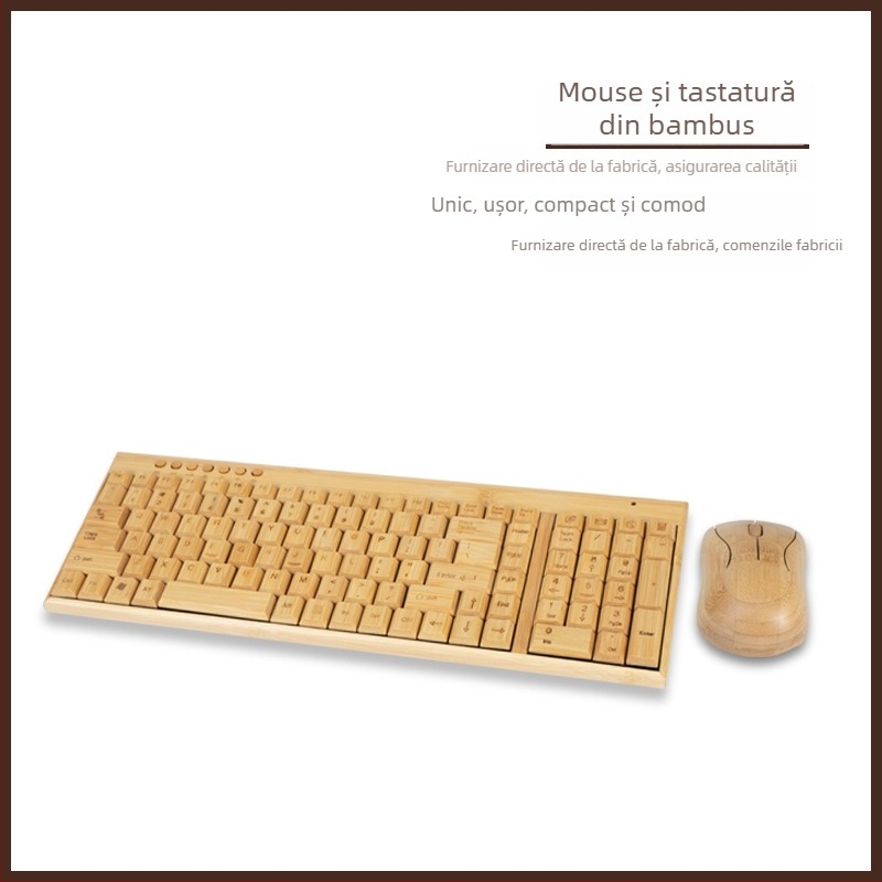 Set wireless tastatură și mouse din bambus - Bluetooth, 1200dpi, ergonomic, iluminat de fundal (CR-065)
