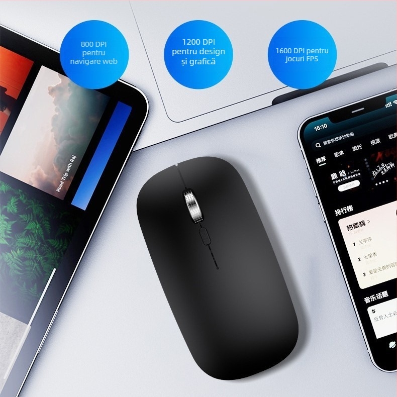 Mouse wireless reîncărcabil cu dual-mode Type-C, funcționare silențioasă, 2.4GHz+Bluetooth, 4 taste, 1600 DPI