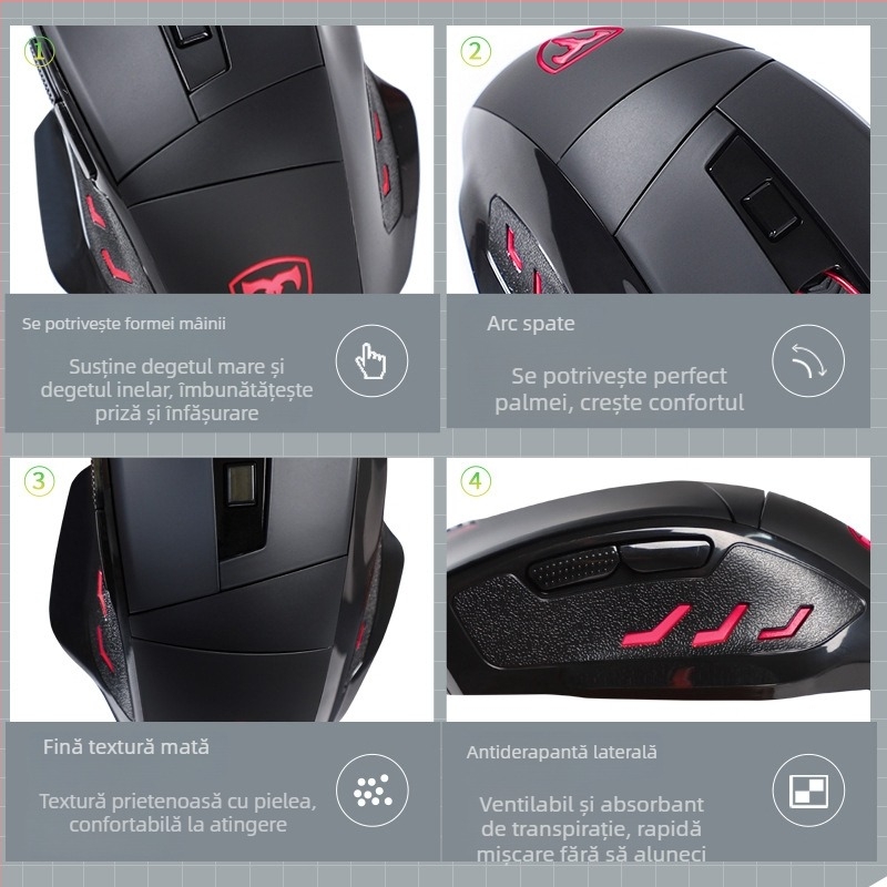 Mouse optic cu fir pentru gaming, DPI 3500, 7 butoane, interfață USB, rotiță de derulare cu patru direcții, design ergonomic