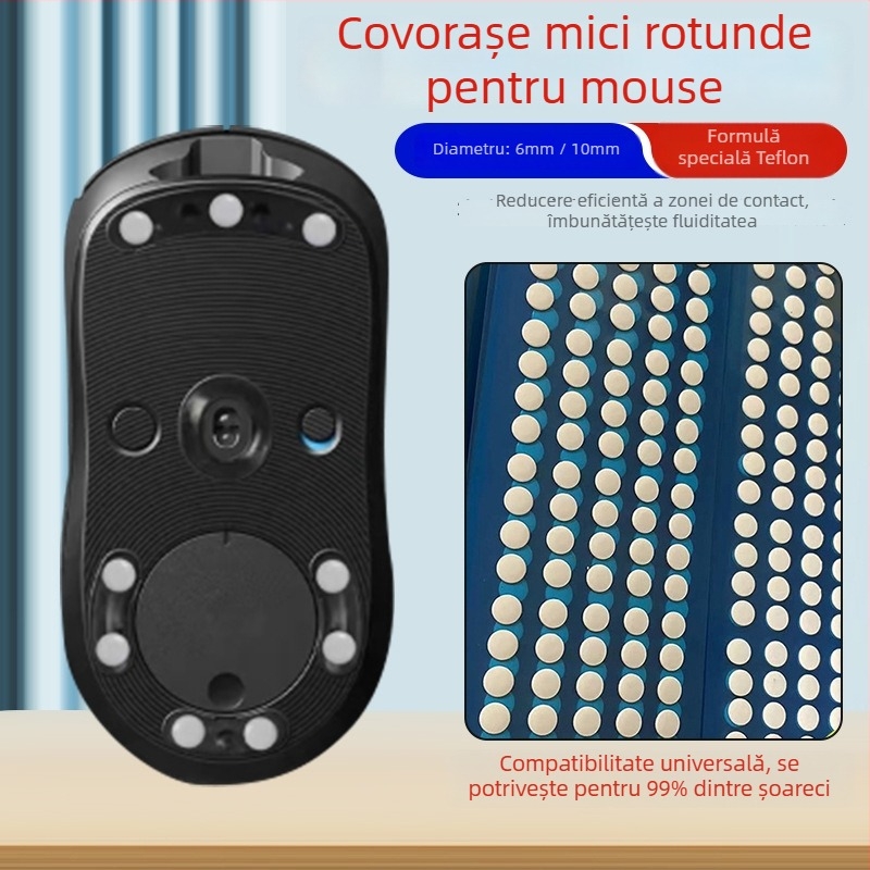 Etichete pentru picioarele mouse-ului din teflon, formă rotundă, pentru toate modelele, anti-alunecare și rezistente la uzură, grosime 0,6 mm (0,8–1,0 mm cu adeziv), lățime 6,5 mm, prelucrare mecanică, proces OEM