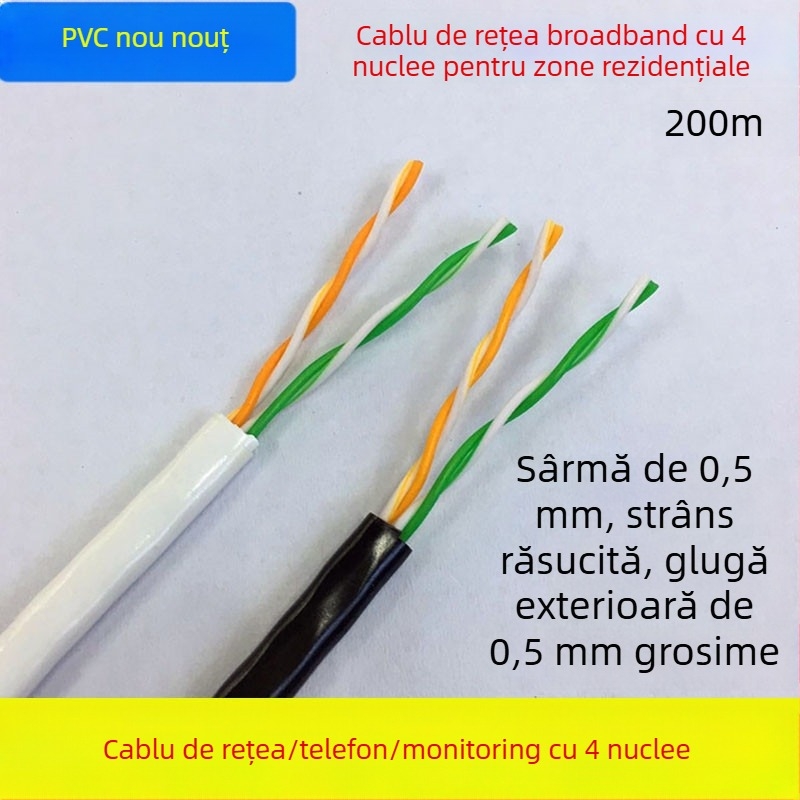 Cablu de rețea cu patru conductori, cu miez de aluminiu acoperit cu cupru, 0,5 mm², 100 Mbps, -30 la 65°C, destinat rețelelor de monitorizare a calculatoarelor