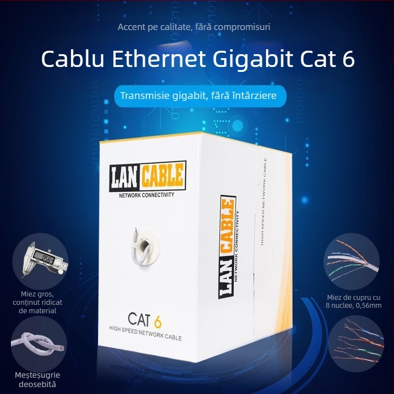 Cablu de rețea Cat6 nearmorat, 8 conductori, RJ-45, cupru fără oxigen, 1000kps