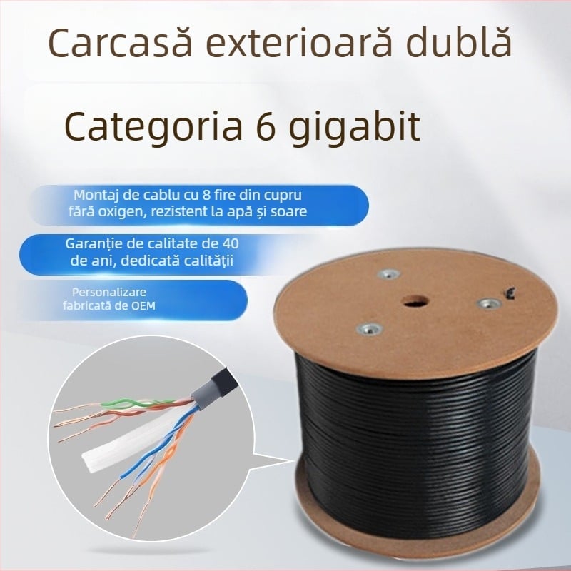 Cablu de rețea exterior Cat6 Gigabit pentru supraveghere video, cupru fără oxigen 8 nuclee, 0,58 mm, dublu înveliș, rezistent la apă, interval de temperatură -20 până la 60 °C