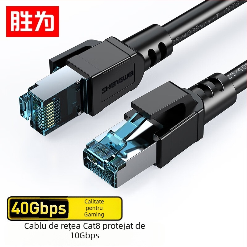 Cablu rețea Cat8 cu conector RJ-45, 40 Gbps, cupru, ecranare dublă