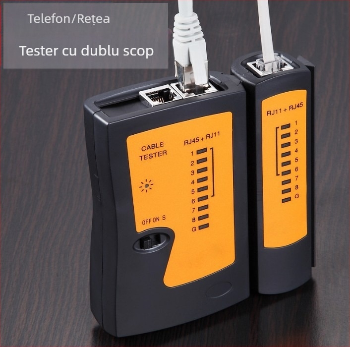 Tester de cabluri de rețea – tester multifuncțional pentru cabluri de rețea și telefonie, măsurarea aliniamentului liniilor, model Network tester; pachet: 1 unitate principală și manual, garanție 1 an