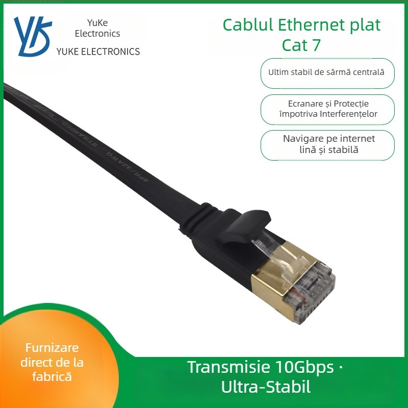 Cabl Ethernet Cat 7 plat - 10Gbps, Cupru pur, design plat, pentru routere, computere desktop, laptopuri, switchuri, imprimante, -20°C până la 60°C (10Gbps; Cupru pur; Design plat; -20~60°C; Routere/Desktop/Laptopuri/Switchuri/Imprimante)